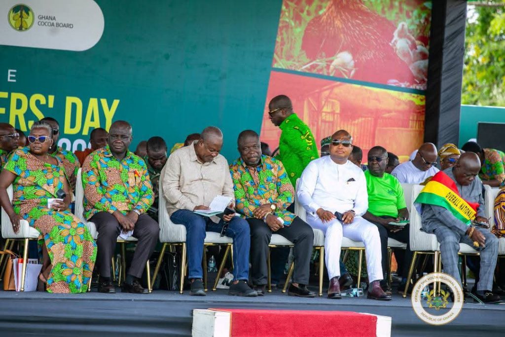 H.E. J.D. Mahama, Min of Foreign Affair Hon. Sam O. Ablakwa and other Government officials on the executive platform National Farmers Day 2025